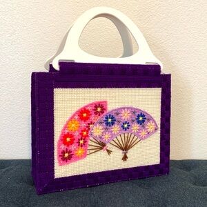 Vintage Handmade Needlepoint Tote Lake Biwa & Fans Art